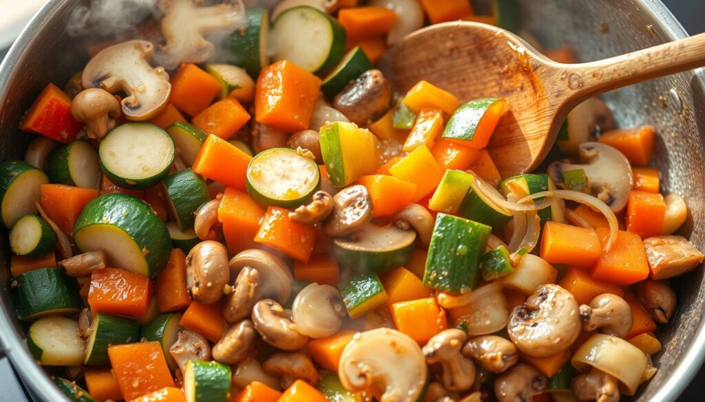 Légumes colorés en train d'être sautés dans une poêle