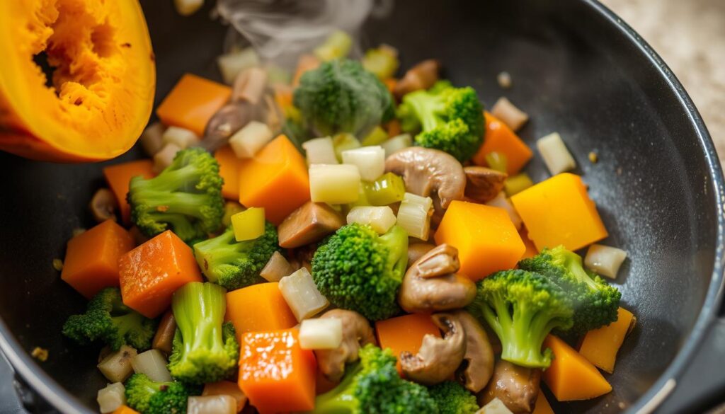 Légumes en train de cuire dans une poêle pour le gratin de crozet léger