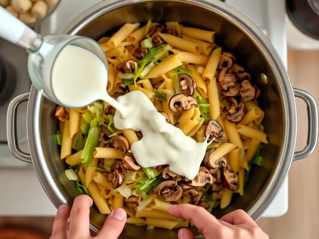 Mélange des crozets avec les légumes et la crème
