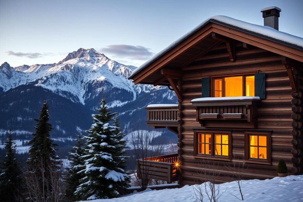 Paysage montagnard de Savoie avec chalet traditionnel où l'on déguste le gratin de crozets