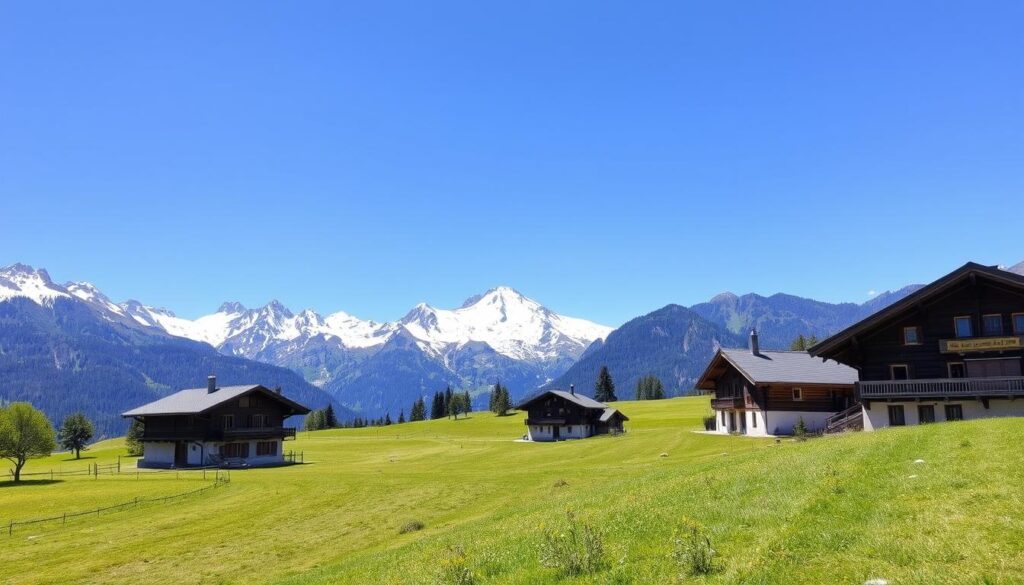Paysage montagnard de Savoie avec chalets traditionnels où le gratin de crozet au beaufort est né