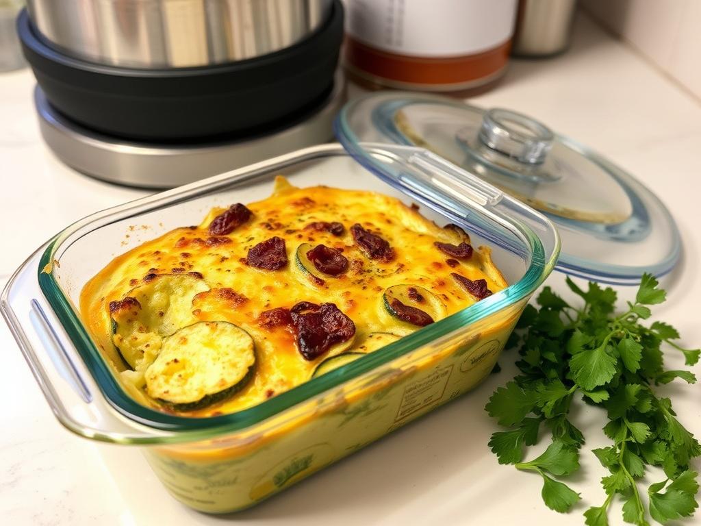 Portion de gratin de crozet courgette dans un contenant hermétique