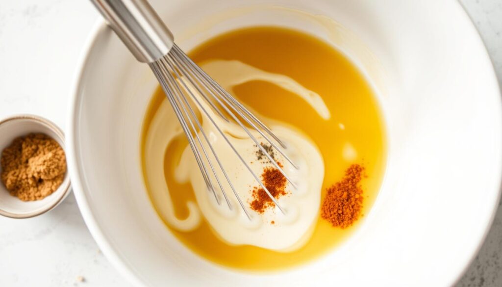 Préparation de la sauce crémeuse à la moutarde dans un bol