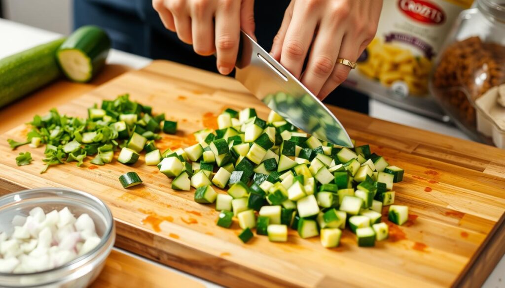 Préparation des courgettes pour le gratin de crozet