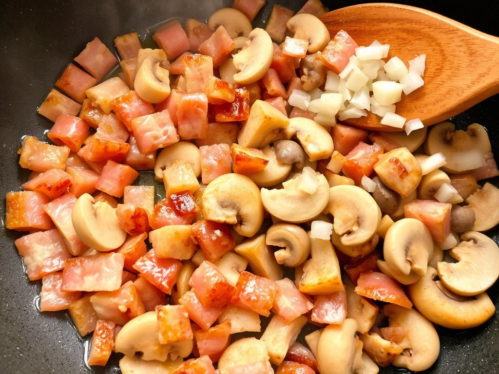 Préparation des lardons et champignons pour le gratin de crozet reblochon