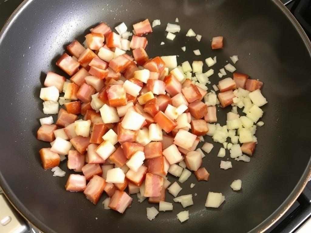 Préparation des lardons et oignons pour le Gratin de Crozet Savoyard
