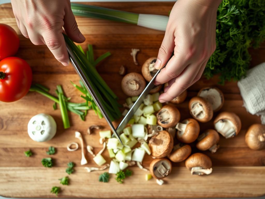 Préparation des poireaux et champignons pour le gratin de crozet