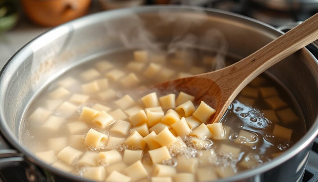 Préparation du gratin de crozet comté avec les crozets en train de cuire