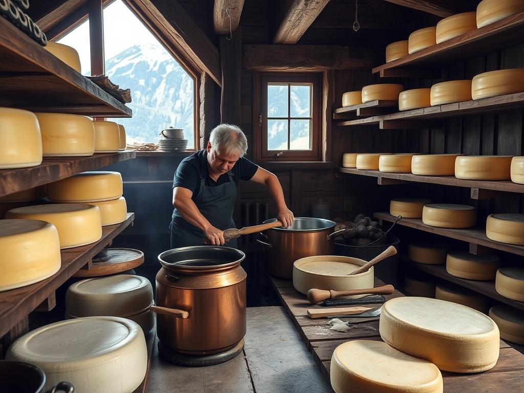 Production traditionnelle du fromage Beaufort dans un alpage savoyard