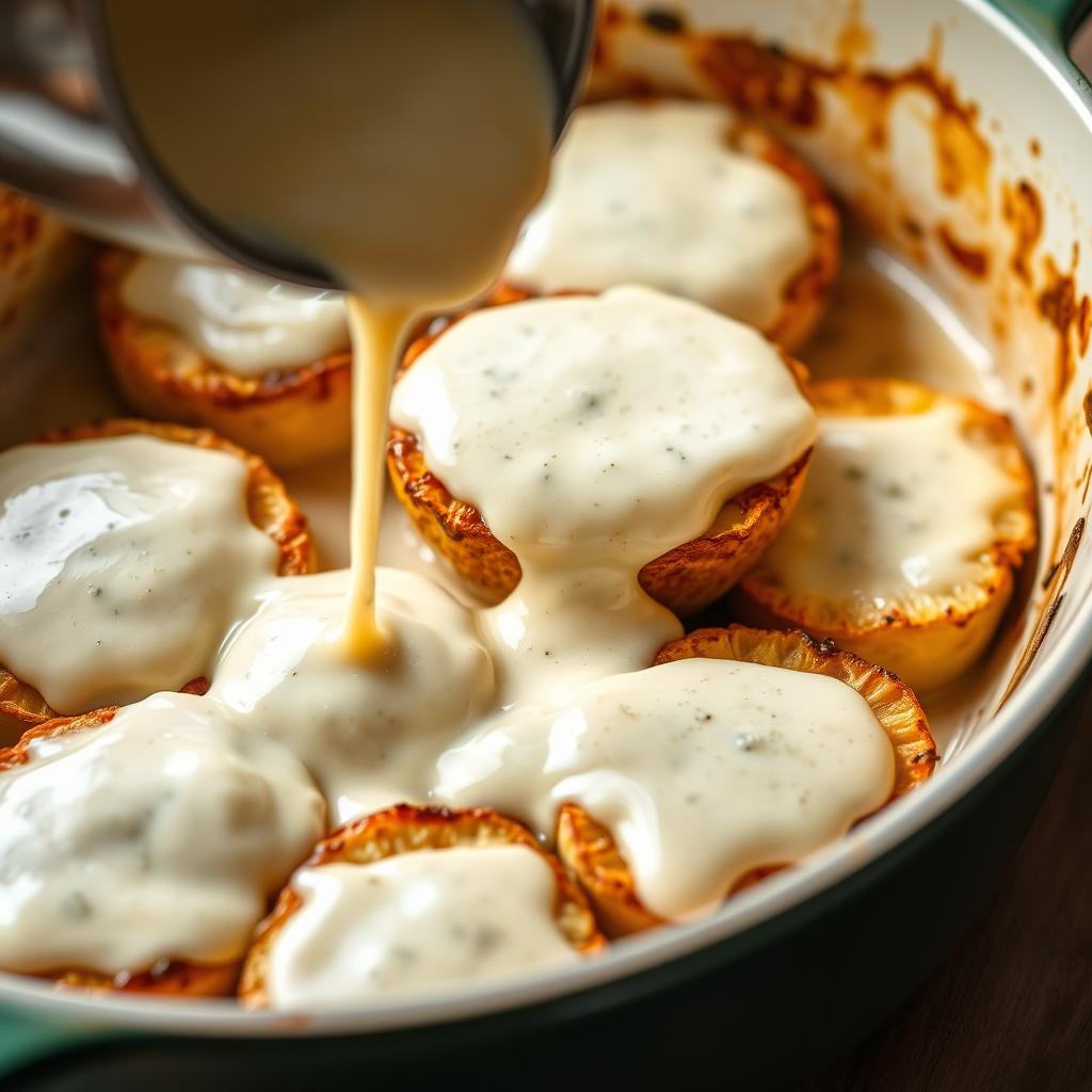 Sauce crémeuse versée sur les crozets