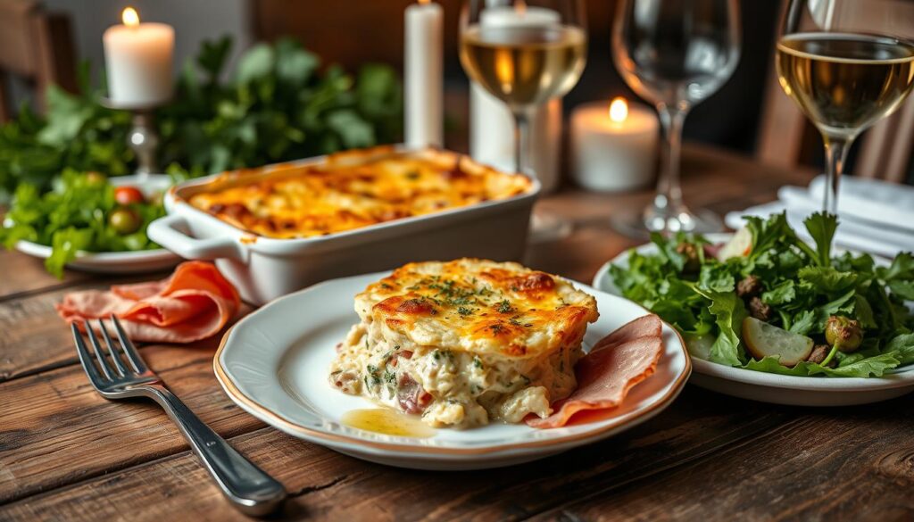 Service du gratin de crozet au beaufort avec jambon cru et salade verte