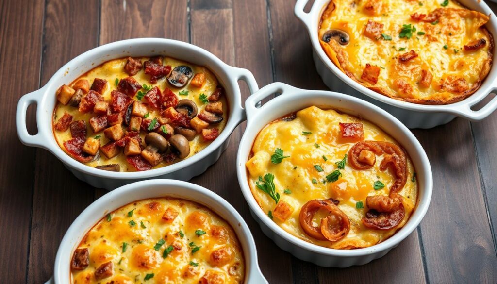 Trois variantes du gratin de crozet au beaufort: aux lardons, aux champignons et aux oignons caramélisés