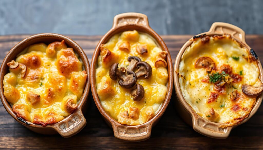 Trois variations de gratin de crozets servies côte à côte