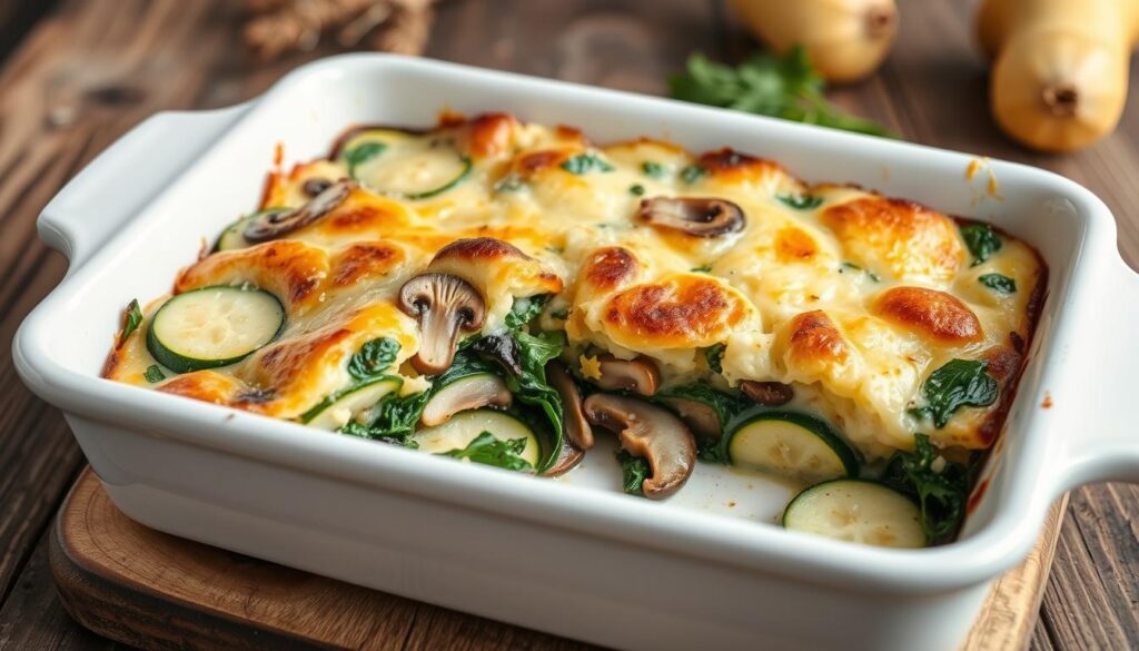 Variante du gratin de crozet avec champignons et épinards