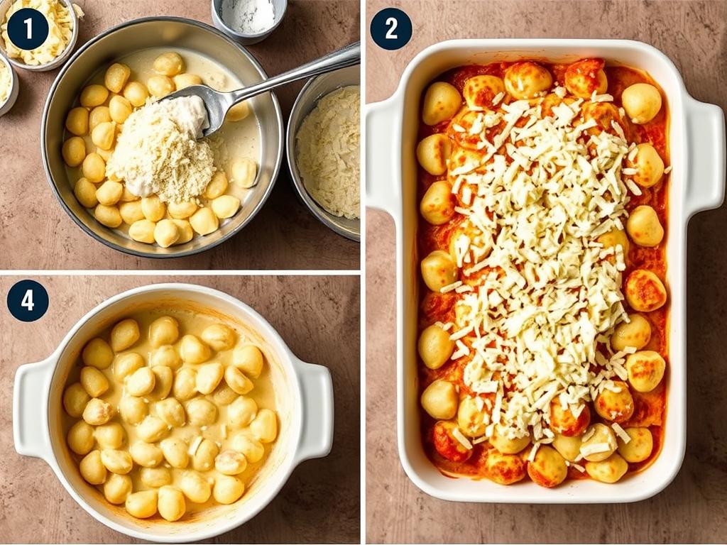 Assemblage du gratin de gnocchi à la crème avant cuisson