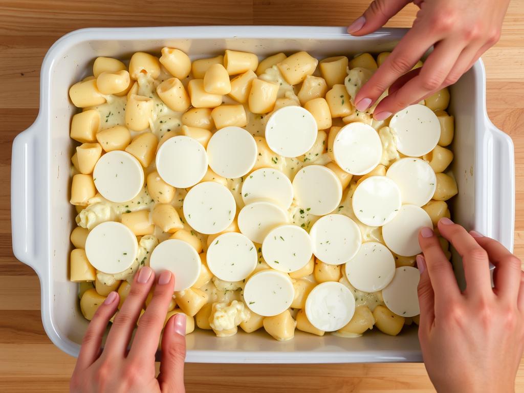 Assemblage du gratin de gnocchi au fromage avant cuisson