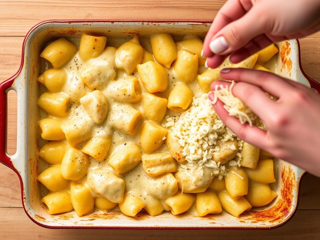 Assemblage du gratin de gnocchi béchamel dans un plat
