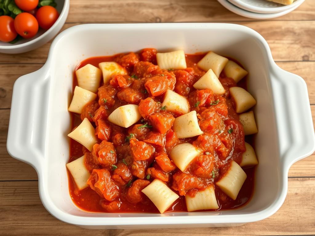 Assemblage du gratin de gnocchi dans un plat à four