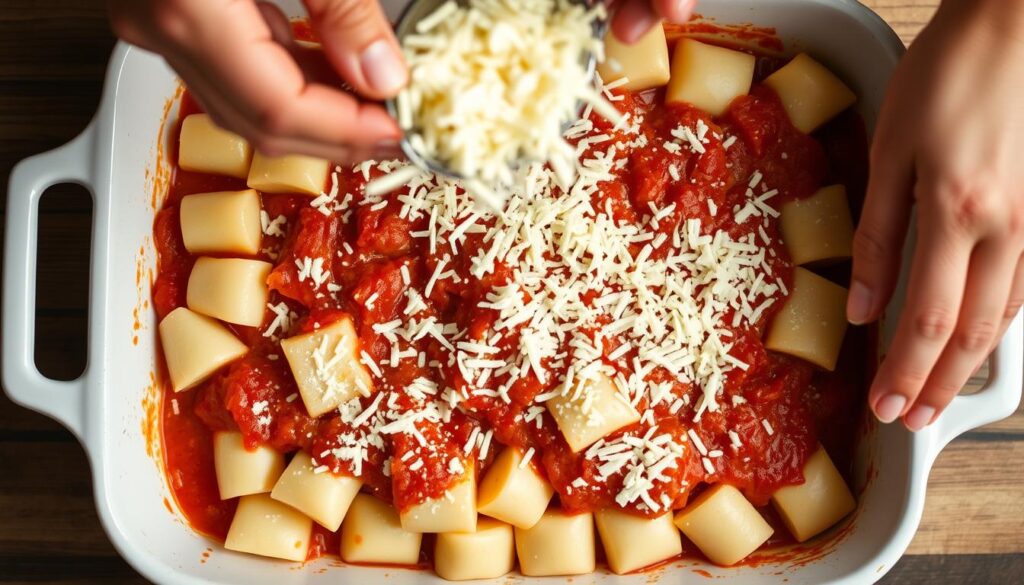 Assemblage du gratin de gnocchi dans un plat à four