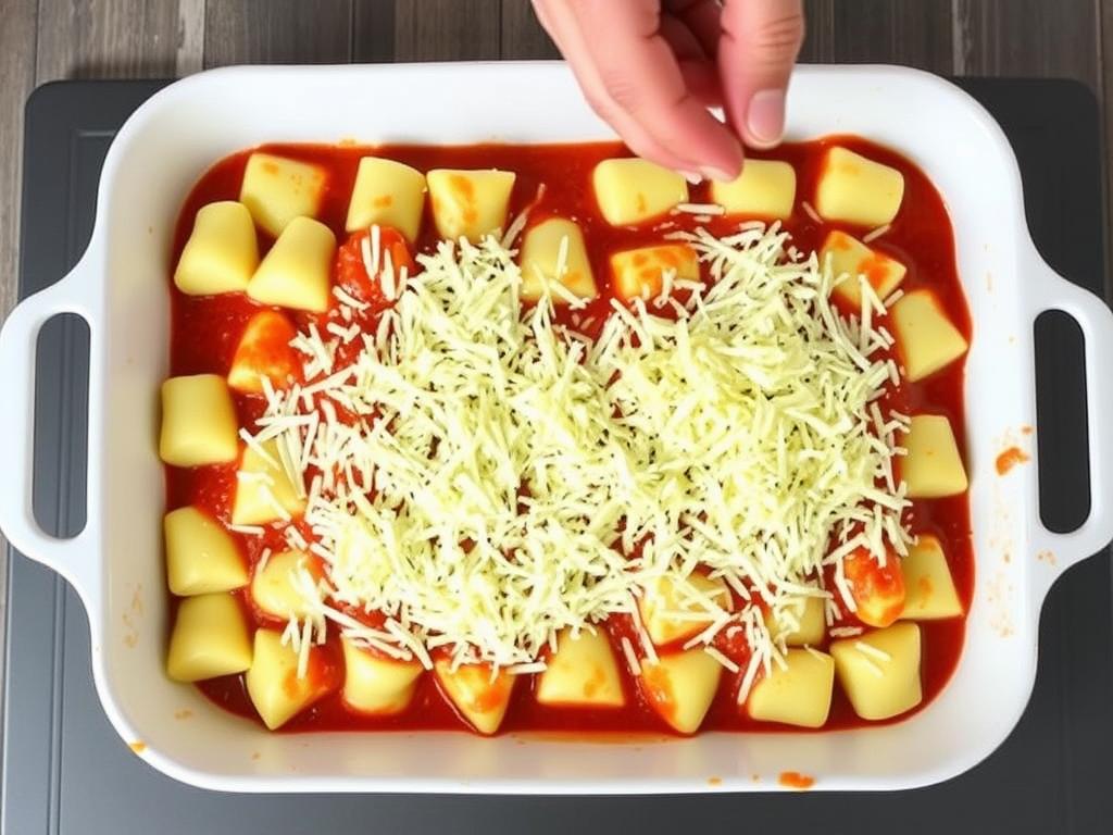 Assemblage du gratin de gnocchi dans un plat