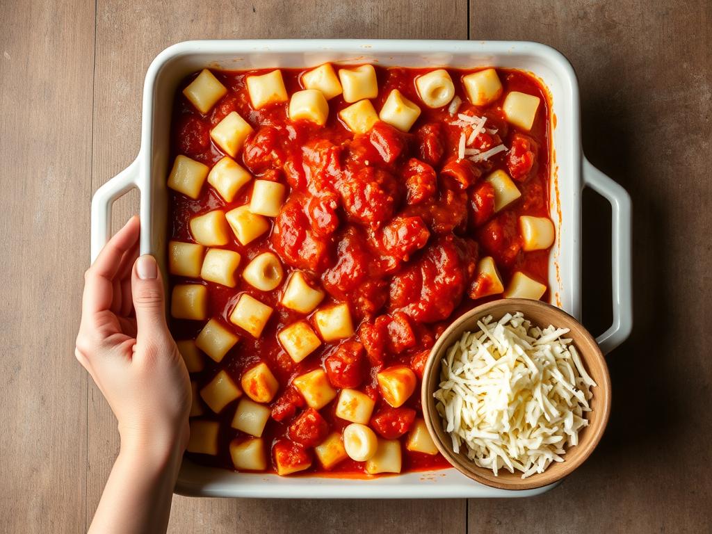 Assemblage du gratin de gnocchi sauce tomate dans un plat à gratin