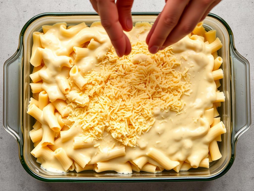 Assemblage du gratin de macaroni au béchamel avant cuisson