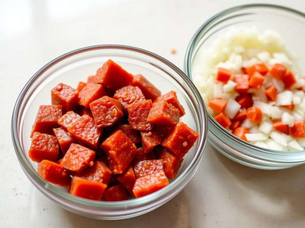 Chorizo coupé en dés et oignon émincé dans des bols séparés