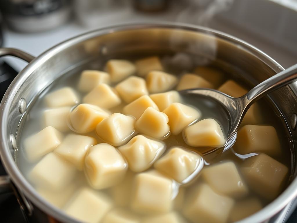Cuisson des gnocchis dans l'eau bouillante pour le gratin de gnocchi sauce tomate