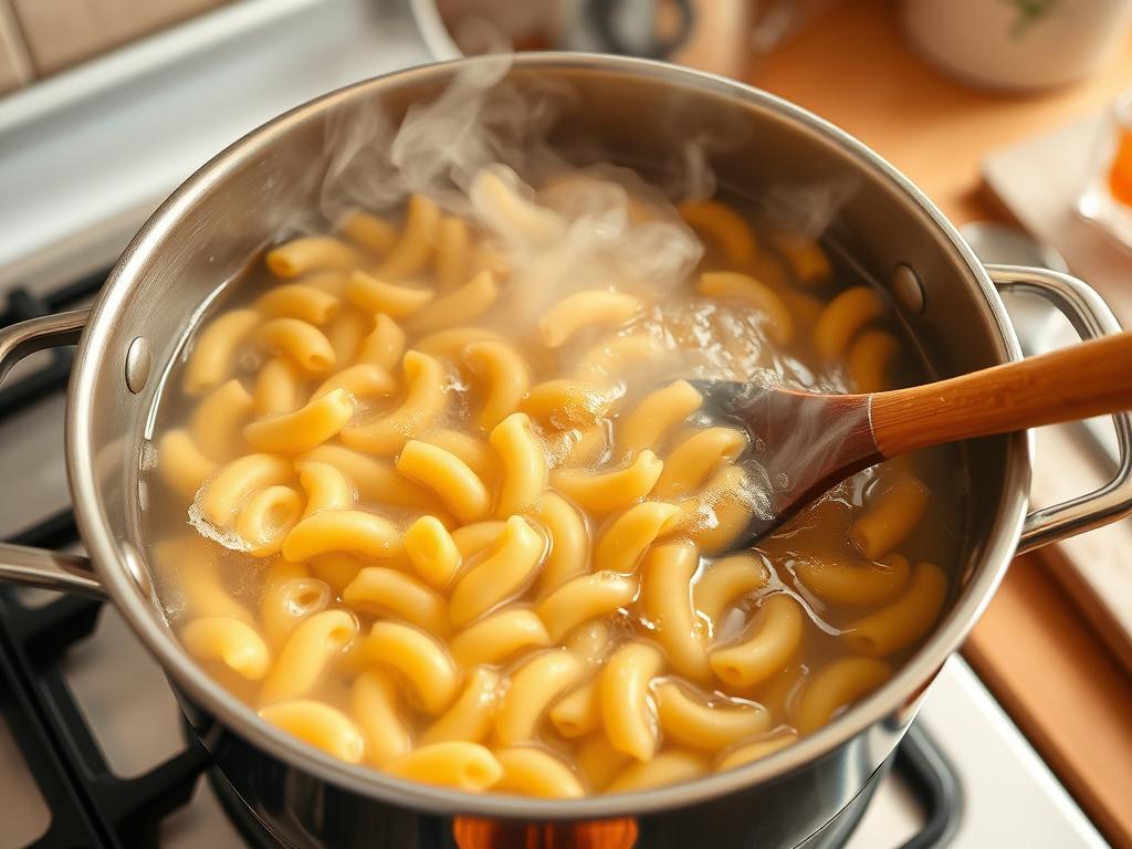 Cuisson des macaroni dans une grande casserole d'eau bouillante