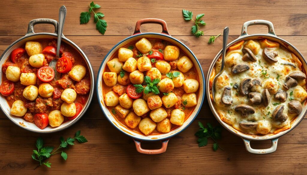 Différentes variantes de gratin de gnocchi présentées côte à côte