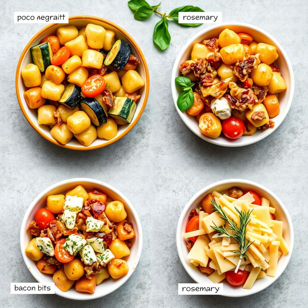Différentes variations du gratin de gnocchi sauce tomate avec des ingrédients supplémentaires