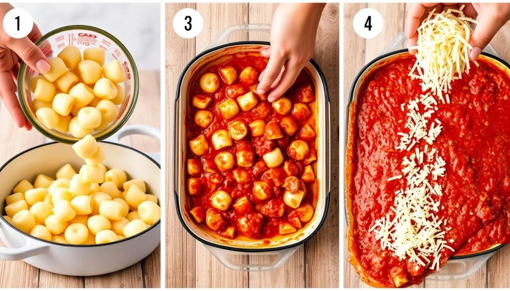 Étapes de préparation du gratin de gnocchi au four avec les ingrédients en cours d'assemblage