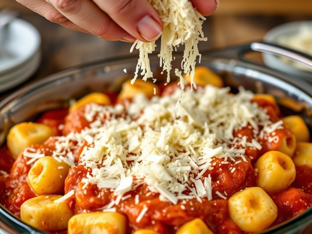 Fromage râpé saupoudré sur le gratin de gnocchi