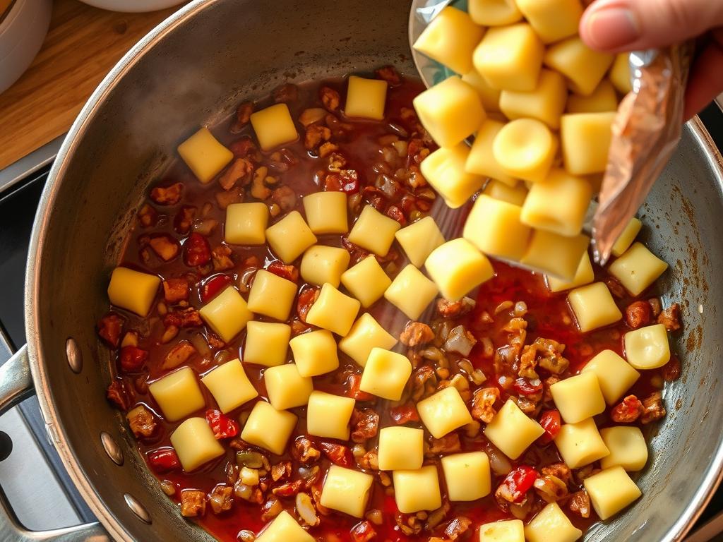 Gnocchi ajoutés dans la poêle avec le mélange de chorizo