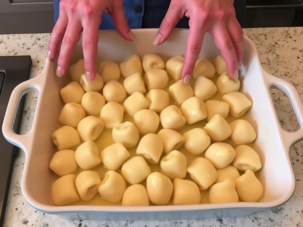 Gnocchis égouttés disposés dans un plat à gratin beurré