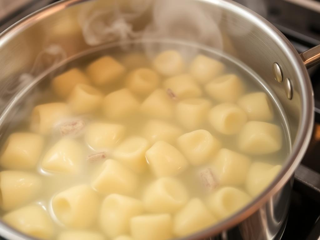 Gnocchis en train de cuire dans une casserole d'eau bouillante