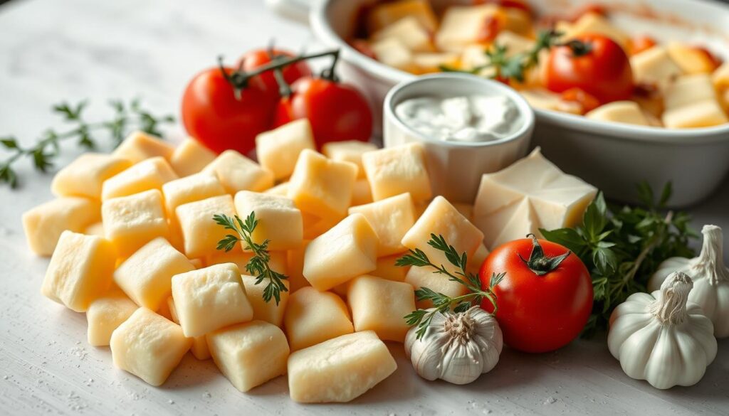 Gnocchis frais et ingrédients pour le gratin disposés artistiquement