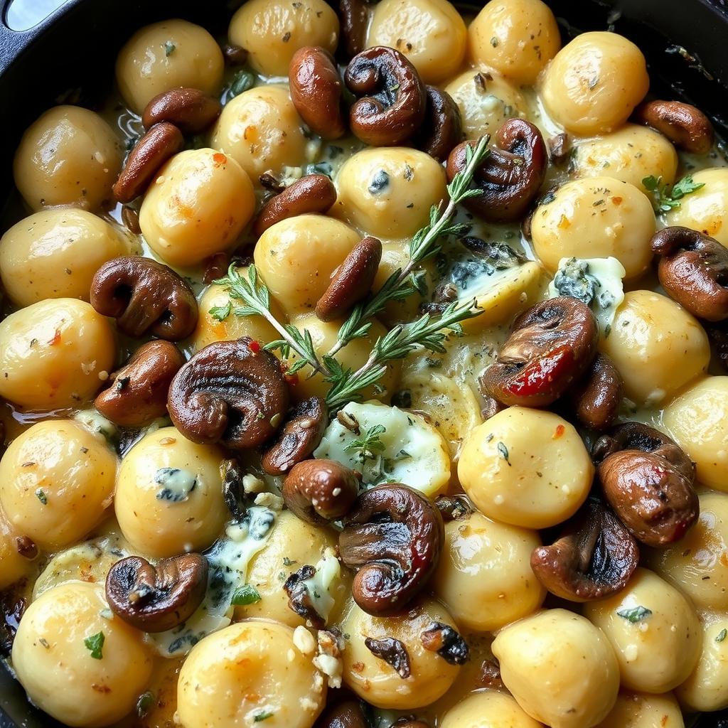 Gratin de gnocchi à la crème avec champignons et fromage bleu