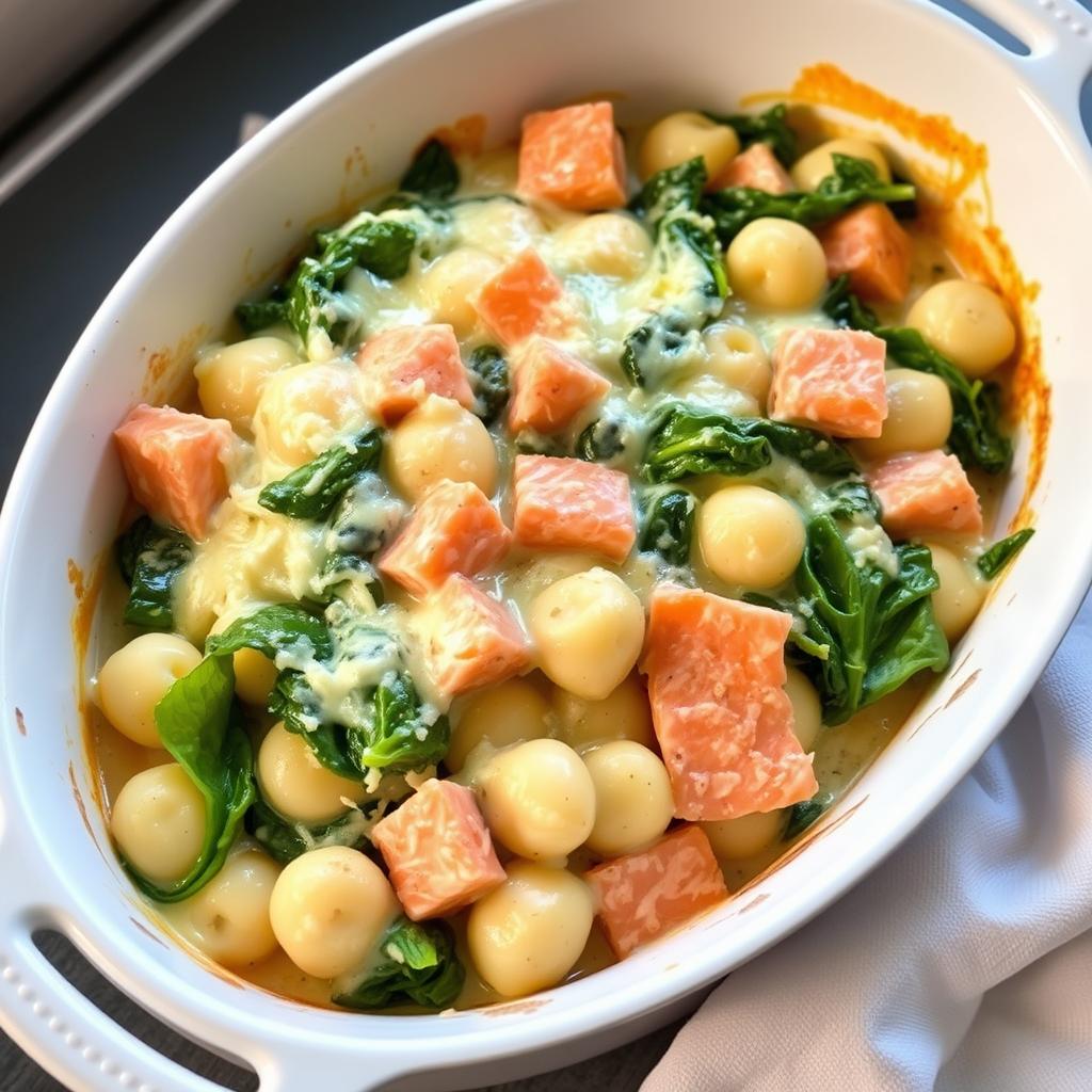 Gratin de gnocchi à la crème avec épinards et saumon