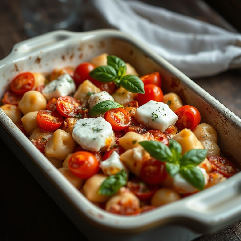 Gratin de gnocchi à la crème avec tomates et mozzarella