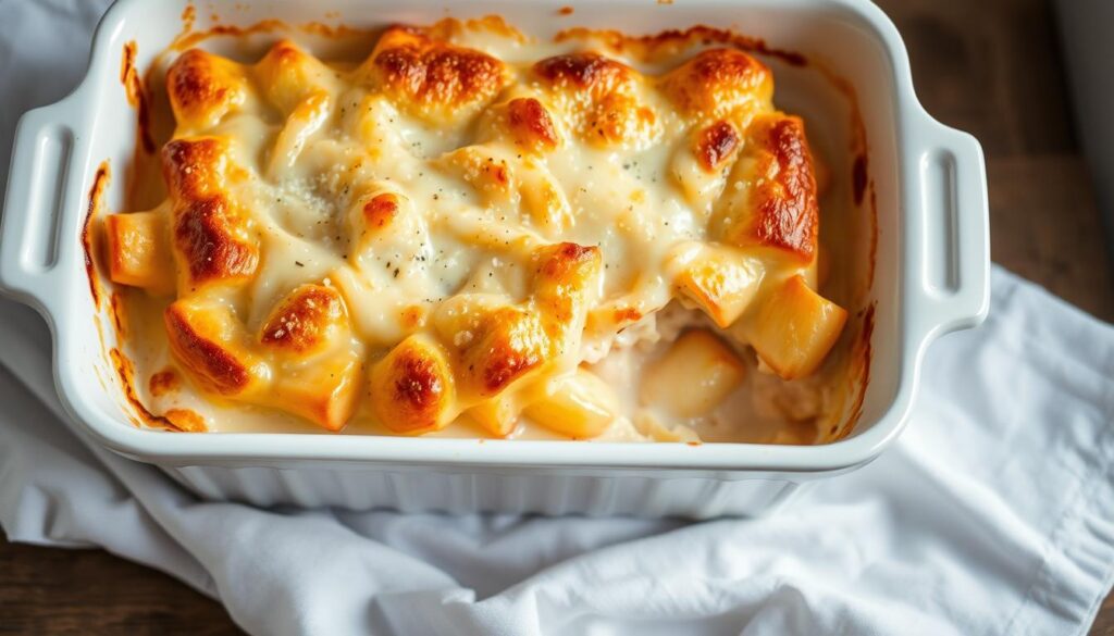 Gratin de gnocchi à la crème doré et fumant dans un plat à gratin