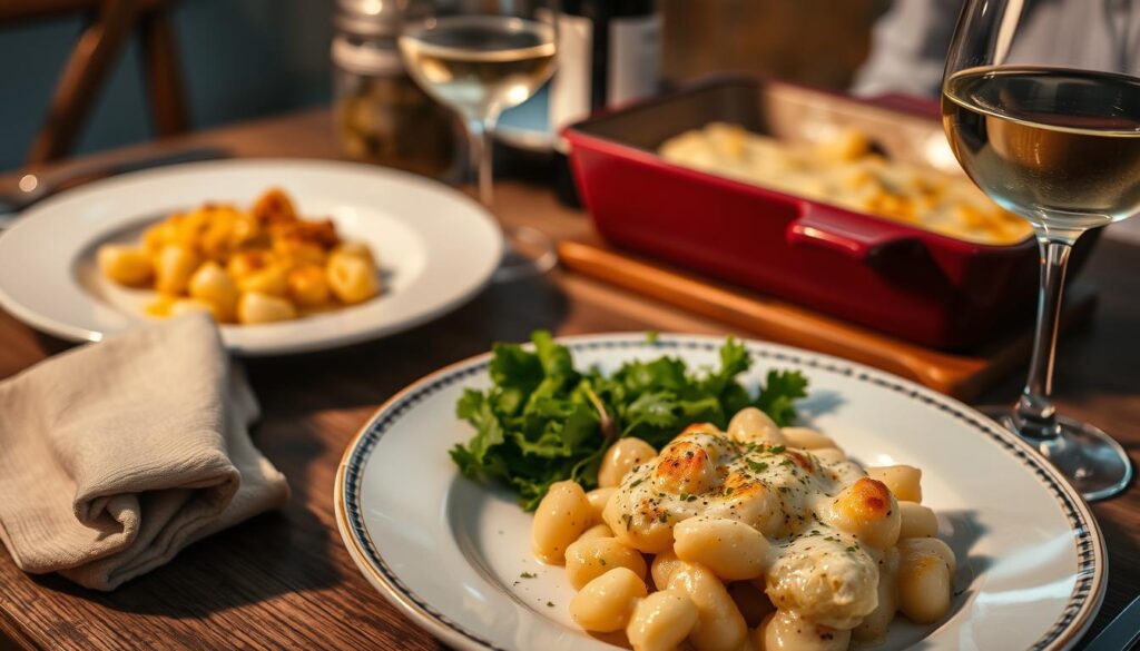 Gratin de gnocchi à la crème servi à table avec une salade verte