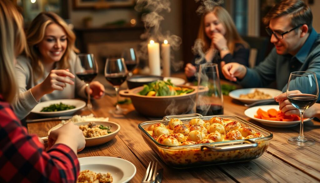 Gratin de gnocchi à l'italienne servi à table pour un repas convivial en famille
