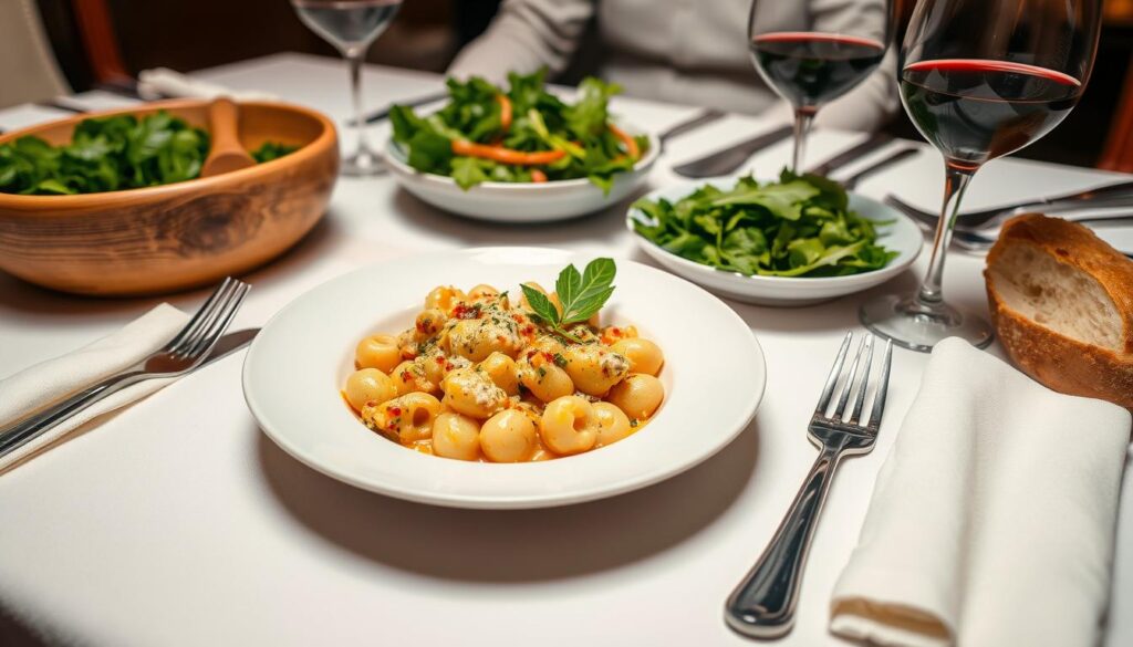 Gratin de gnocchi à l'italienne servi avec une salade verte et un verre de vin rouge