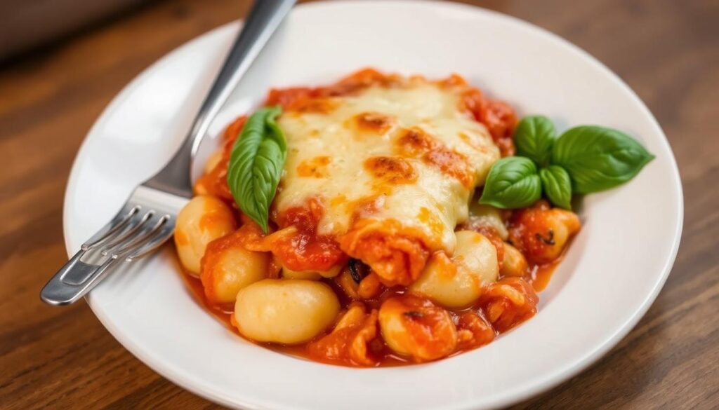 Gratin de gnocchi à l'italienne servi dans une assiette avec des feuilles de basilic frais