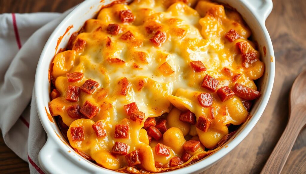 Gratin de gnocchi au chorizo dans un plat à gratin avec une croûte de fromage dorée