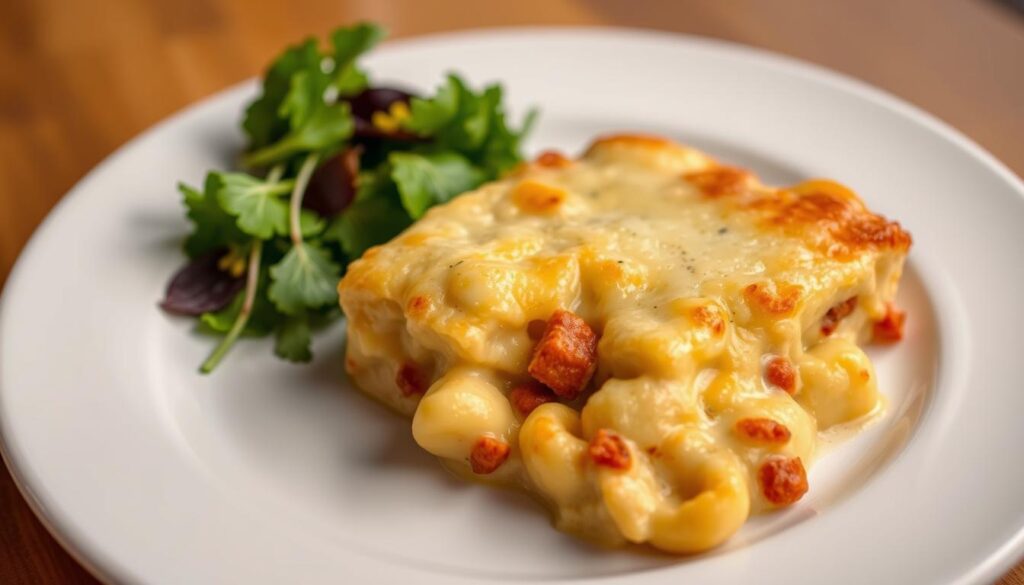 Gratin de gnocchi au chorizo servi dans une assiette avec une salade verte