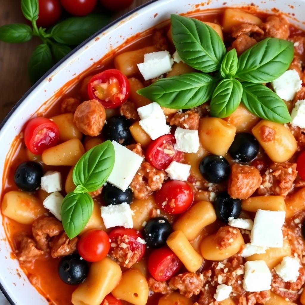 Gratin de gnocchi au chorizo version méditerranéenne avec tomates et olives