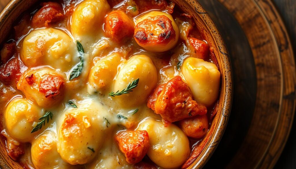 Gratin de gnocchi au four dans un plat en terre cuite, doré et fumant, prêt à être servi