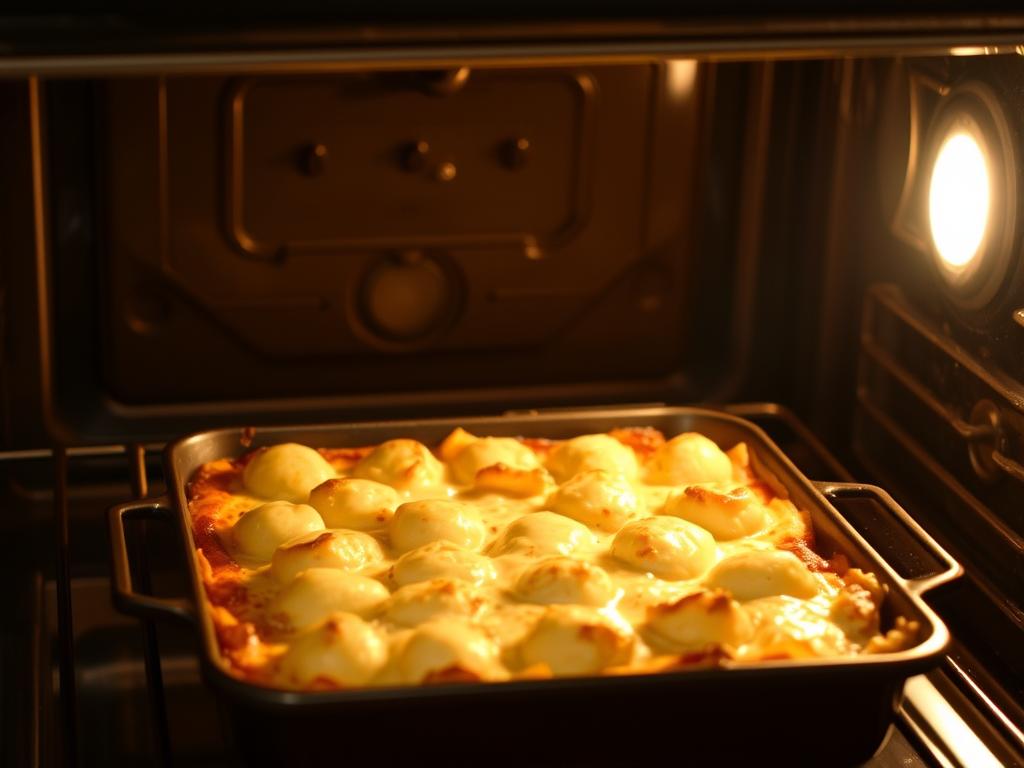 Gratin de gnocchi au four en train de cuire, le fromage commençant à dorer